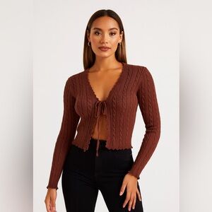SHEIN Brown Cable Knit Tie Front Cardigan Top Long Sleeve Stretchy Small